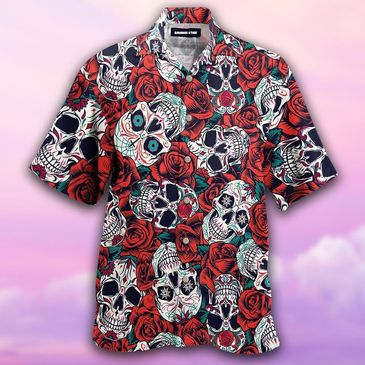 Mexico Sugar Skull Rose Aloha Hawaiian Shirt Colorful Short Sleeve Summer Beach Casual Shirt For Men And Women