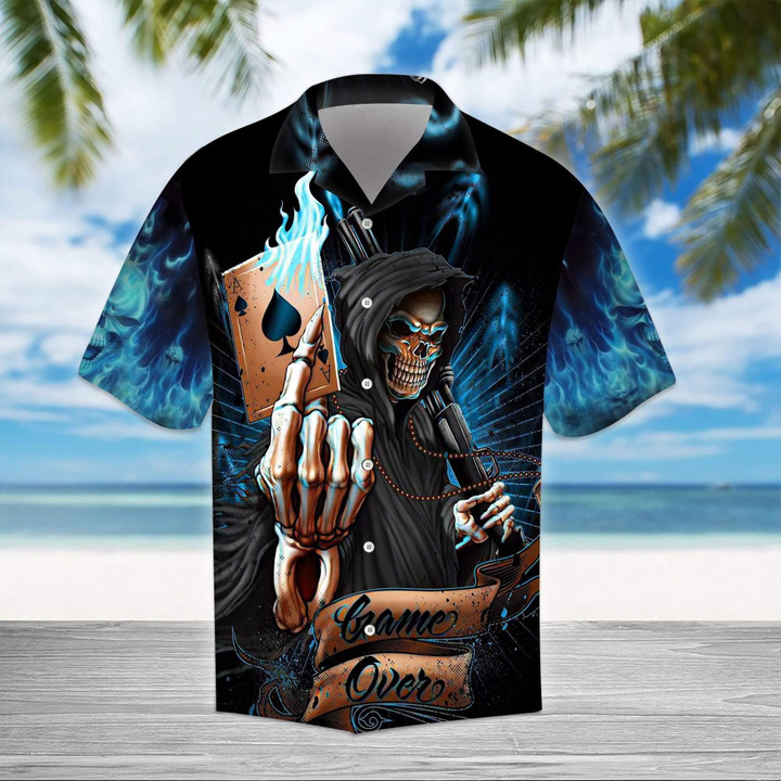 Ace Grim Reaper Blue Flame Skull Gothic Aloha Hawaiian Shirt Colorful Short Sleeve Summer Beach Casual Shirt For Men And Women