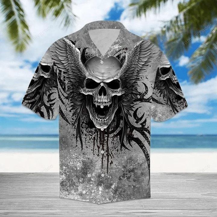 Honor Skull Wing Tattoo Gothic Grey Aloha Hawaiian Shirt Colorful Short Sleeve Summer Beach Casual Shirt For Men And Women