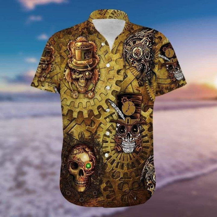 Vintage Skull Steampunk Aloha Hawaiian Shirt Colorful Short Sleeve Summer Beach Casual Shirt For Men And Women