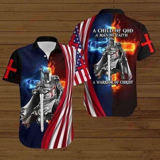 A Child Of God American Flag Fire Knight Jesus Christ Gift Easter Day Aloha Hawaiian Shirt Colorful Short Sleeve Summer Beach Casual Shirt For