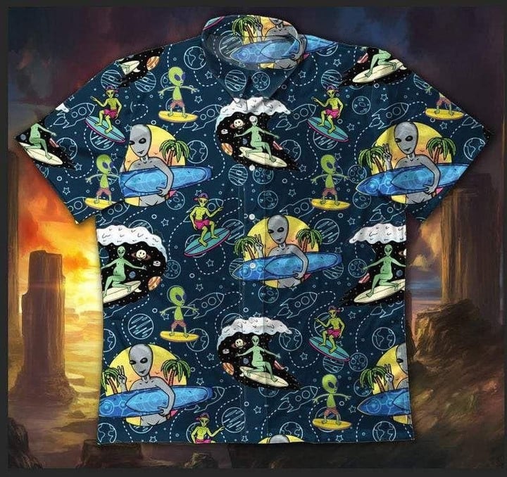 Alien Surfing Alien Button Funny Aloha Hawaiian Shirt Colorful Short Sleeve Summer Beach Casual Shirt For Men And Women