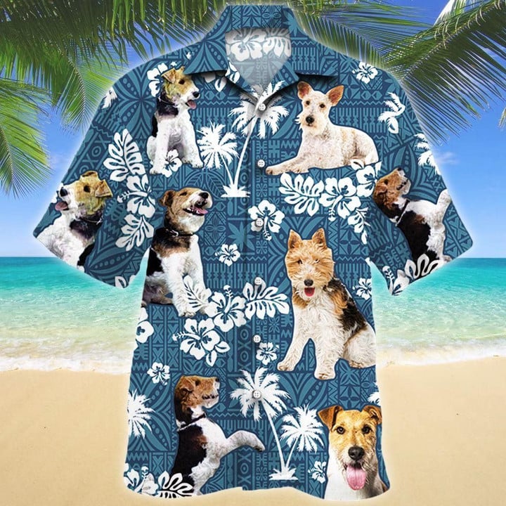 Wire Fox Terrier Dog Blue Tribal Aloha Hawaiian Shirt Colorful Short Sleeve Summer Beach Casual Shirt For Men And Women