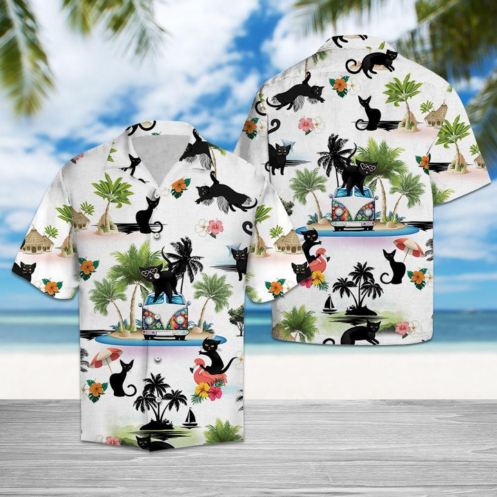 Black Cat Vacation Aloha Hawaiian Shirt Colorful Short Sleeve Summer Beach Casual Shirt For Men And Women