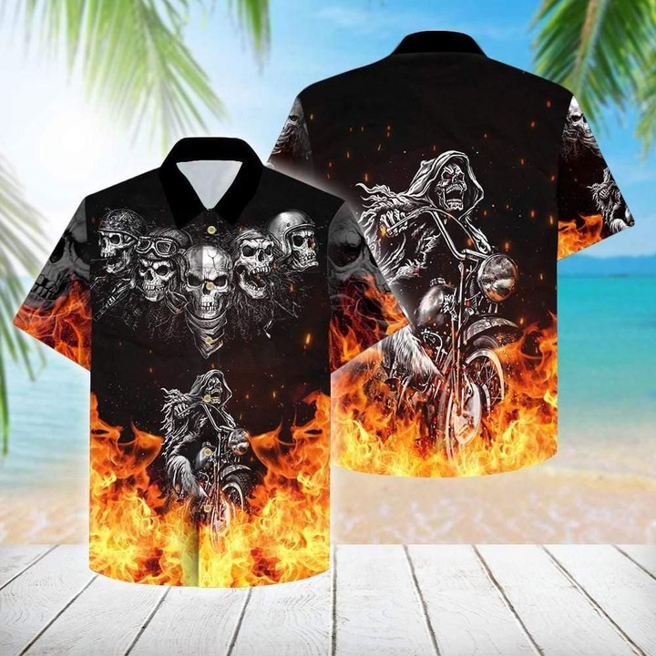 Grim Reaper Riding Motocycle Flame Skull Aloha Hawaiian Shirt Colorful Short Sleeve Summer Beach Casual Shirt For Men And Women