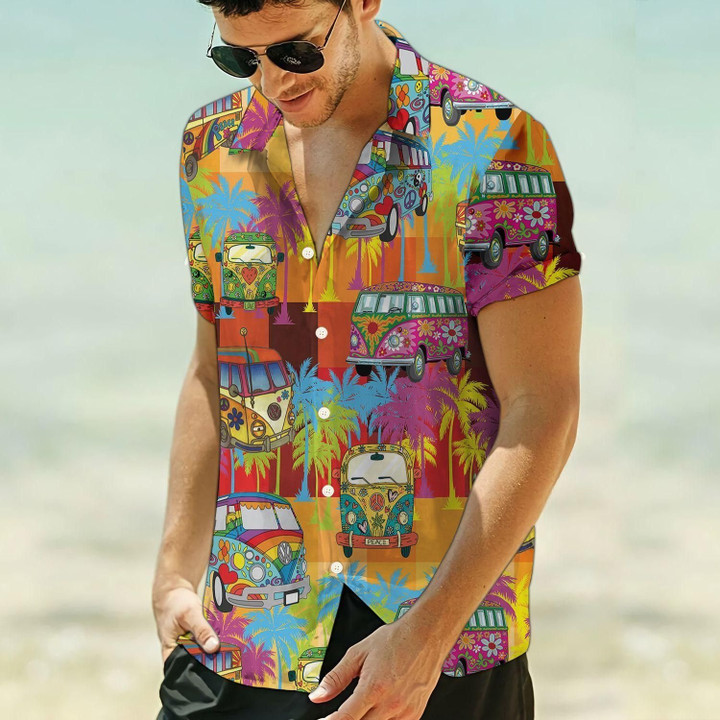 Hippie Bus Colorful Aloha Hawaiian Shirt Colorful Short Sleeve Summer Beach Casual Shirt For Men And Women