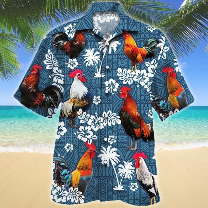 Rooster Lovers Blue Tribal Aloha Hawaiian Shirt Colorful Short Sleeve Summer Beach Casual Shirt For Men And Women