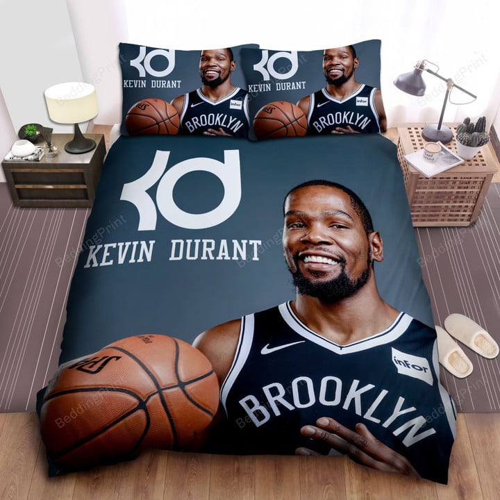 Brooklyn Nets Kevin Durant Smiling With Basketball Ball Photograph Bed Sheet Spread Comforter Duvet Cover Bedding Sets