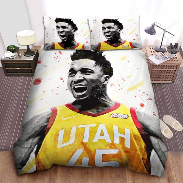 Donovan Mitchell In Utah Jazz Signature Colors Illustration Bed Sheet Spread Comforter Duvet Cover Bedding Sets
