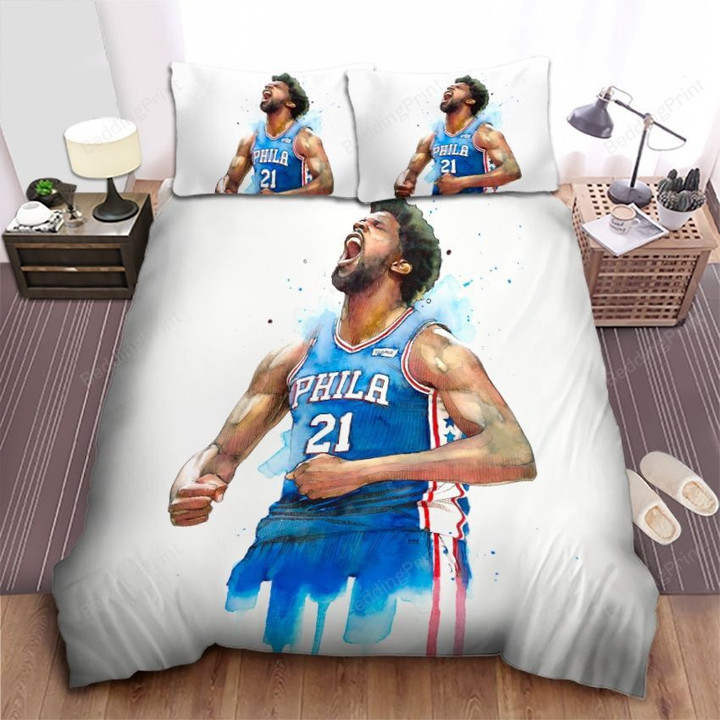 Philadelphia 76ers Joel Embiid Watercolor Art Bed Sheet Spread Comforter Duvet Cover Bedding Sets
