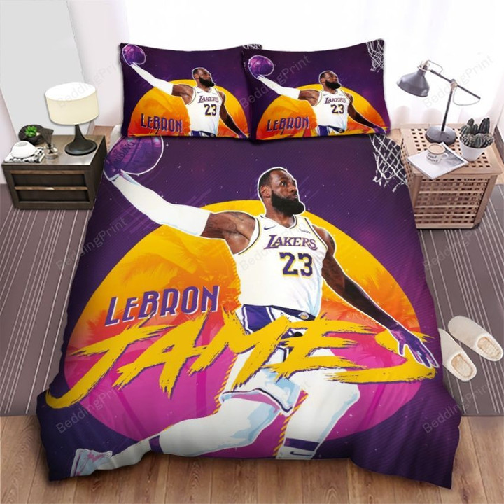 Los Angeles Lakers Lebron James Dunk In Retrowave Background Bed Sheet Spread Comforter Duvet Cover Bedding Sets
