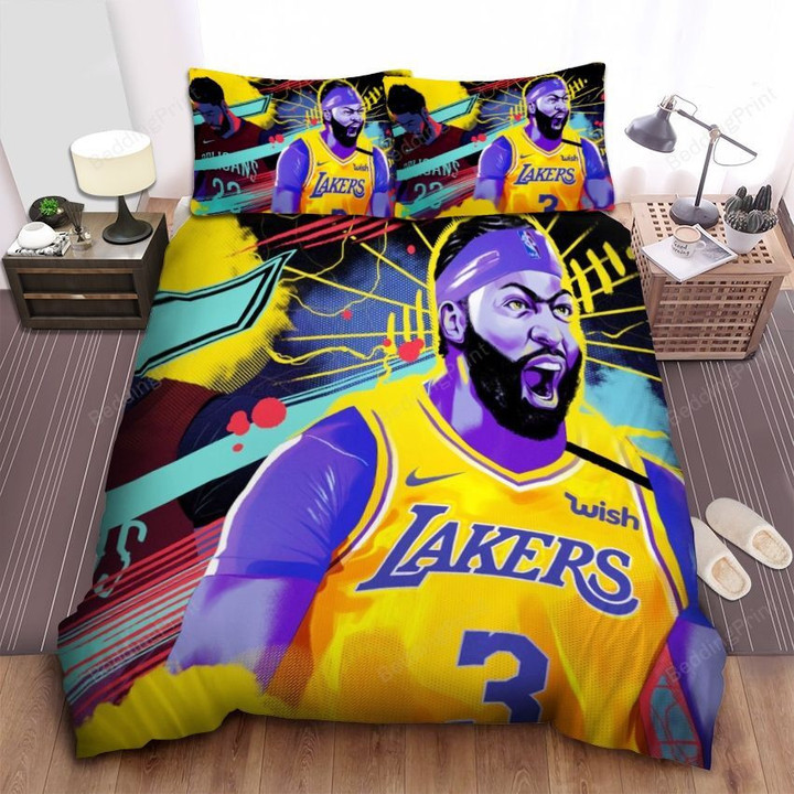 Los Angeles Lakers Anthony Davis In Purple And Yellow Illustration Bed Sheet Spread Comforter Duvet Cover Bedding Sets