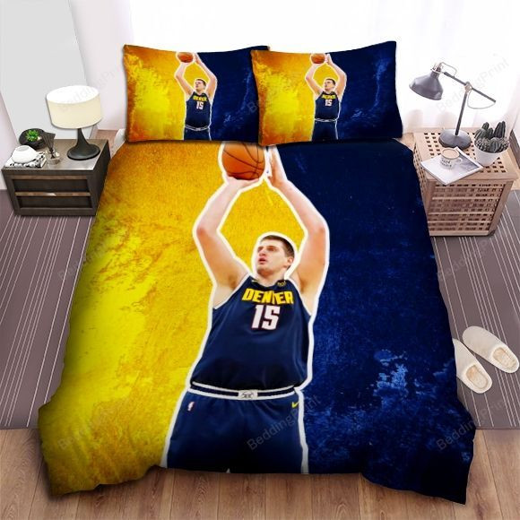 Denver Nuggets Nikola Jokic Jump Shot On Blue & Yellow Background Bed Sheet Spread Comforter Duvet Cover Bedding Sets