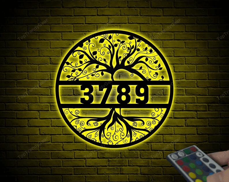 Custom Address Sign With Lights, Personalized Tree of Life Address Metal Wall Art, House Number Sign Custom Address Plaque Housewarming Gift