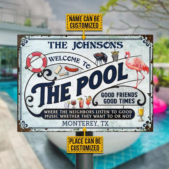 Personalized Pool Flamingo Listen To The Good Music Custom Classic Metal Signs