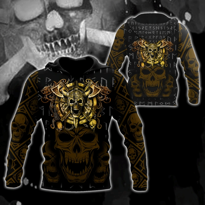 Golden Viking Skull Zip Hoodie Crewneck Sweatshirt T-Shirt 3D All Over Print For Men And Women