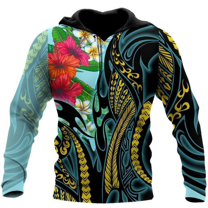 Polynesian Turquoise And Hisbiscus Zip Hoodie Crewneck Sweatshirt T-Shirt 3D All Over Print For Men And Women