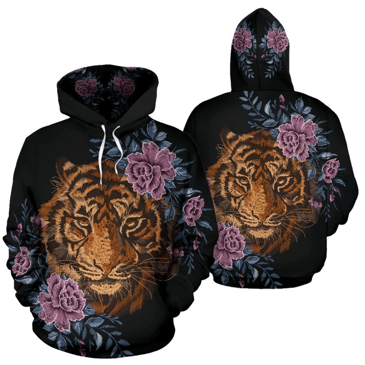 Tiger Head Floral Zip Hoodie Crewneck Sweatshirt T-Shirt 3D All Over Print For Men And Women