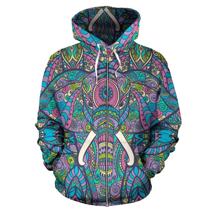 Elephant Colorful Indian Style Zip Hoodie Crewneck Sweatshirt T-Shirt 3D All Over Print For Men And Women