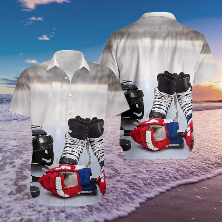 Hockey Skate Helmet Puck Aloha Hawaiian Shirt Colorful Short Sleeve Summer Beach Casual Shirt For Men And Women