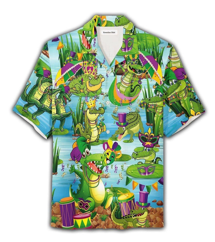 Crocodile Wearing Mardi Gras Aloha Hawaiian Shirt Colorful Short Sleeve Summer Beach Casual Shirt For Men And Women