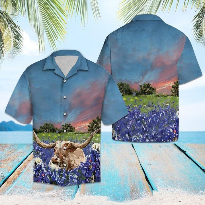 Longhorn In Bluebonnets Aloha Hawaiian Shirt Colorful Short Sleeve Summer Beach Casual Shirt For Men And Women