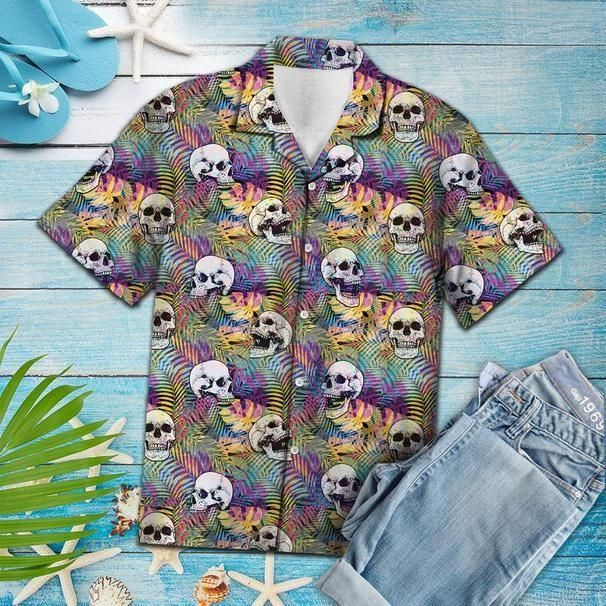Vintage Skull Palm Leaves Tropical Aloha Hawaiian Shirt Colorful Short Sleeve Summer Beach Casual Shirt For Men And Women