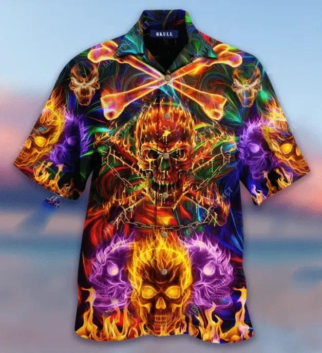 Danger Colorful Flaming Skull Aloha Hawaiian Shirt Colorful Short Sleeve Summer Beach Casual Shirt For Men And Women