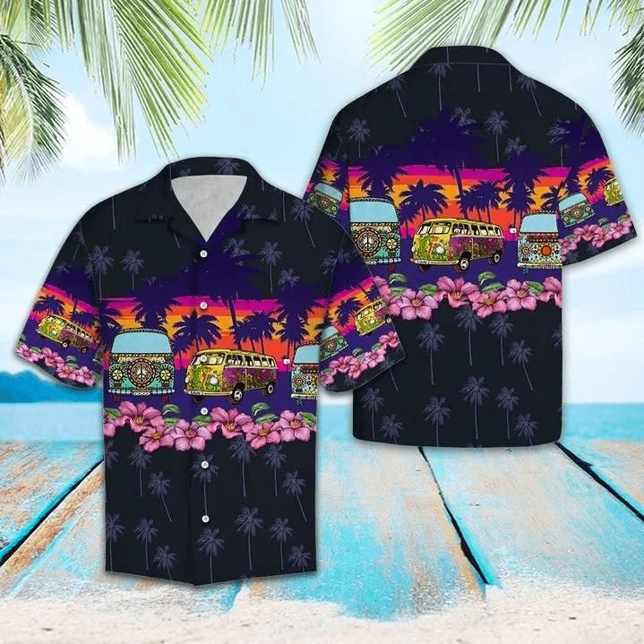 Hippie Car Black Tropical Summer Aloha Hawaiian Shirt Colorful Short Sleeve Summer Beach Casual Shirt For Men And Women