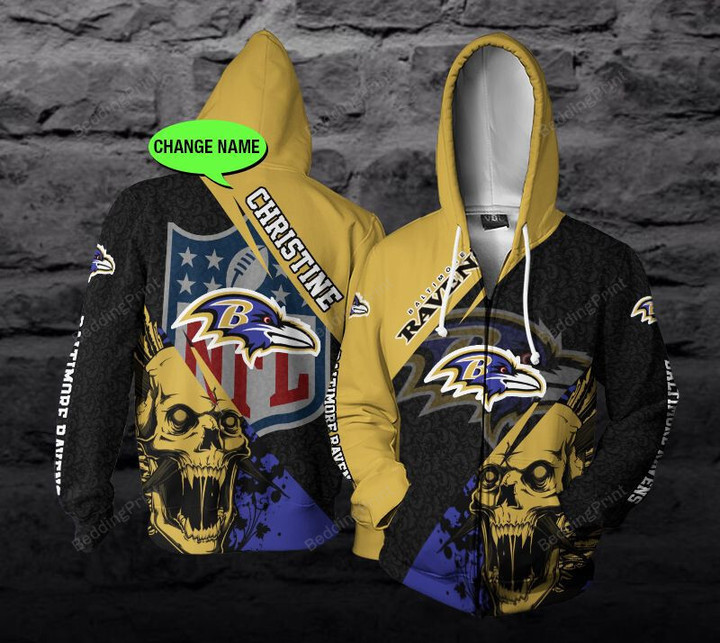Personalized Baltimore Ravens Nfl Skull Custom 3d All Over Print Hoodie