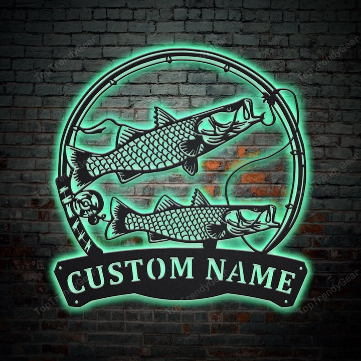 Personalized Common Snook Fishing Fish Pole Monogram Metal Sign With LED Lights Custom Common Snook Fishing Metal Sign Hobbie Gifts