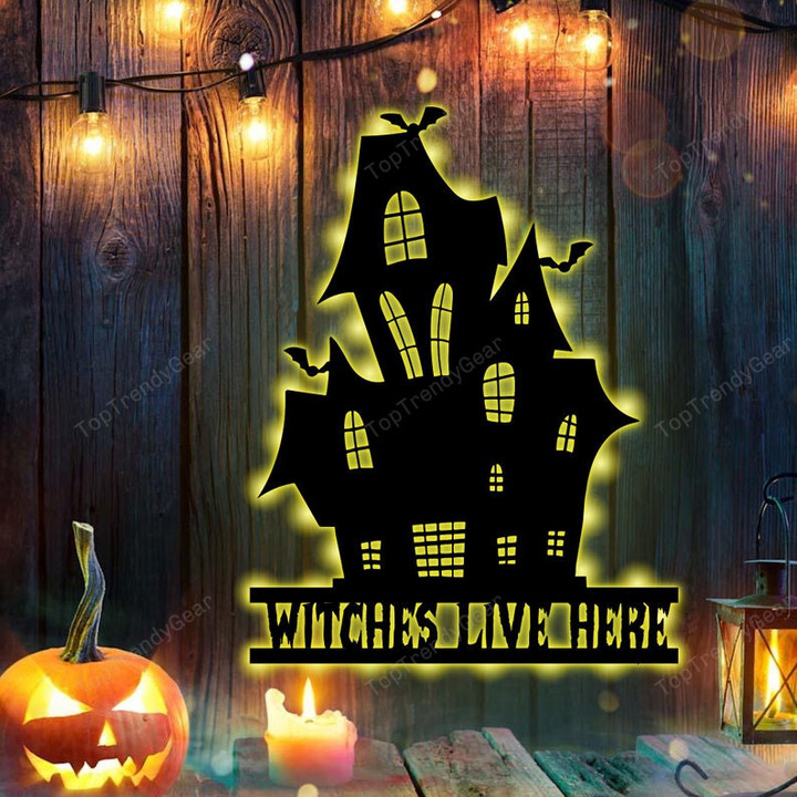 Witches Live Here, Witch House Metal Wall Art With Led Lights, Haunted House Halloween Decor, Spooky House Witchy Decoration Halloween Decor