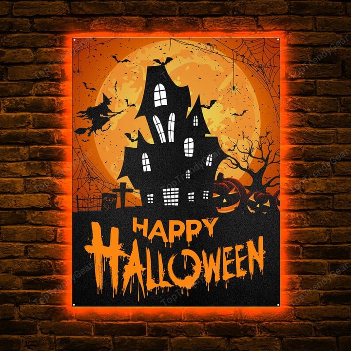 Happy Halloween Metal Sign With Led Lights, Witch House Decoration, Spooky Halloween Sign, Haunted Houses Halloween Decor Light Up Halloween