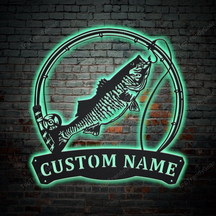 Personalized Striped Bass Fish Pole Metal Sign With LED Lights Custom Striped Bass Metal Sign Birthday Gift Striped Bass Sign