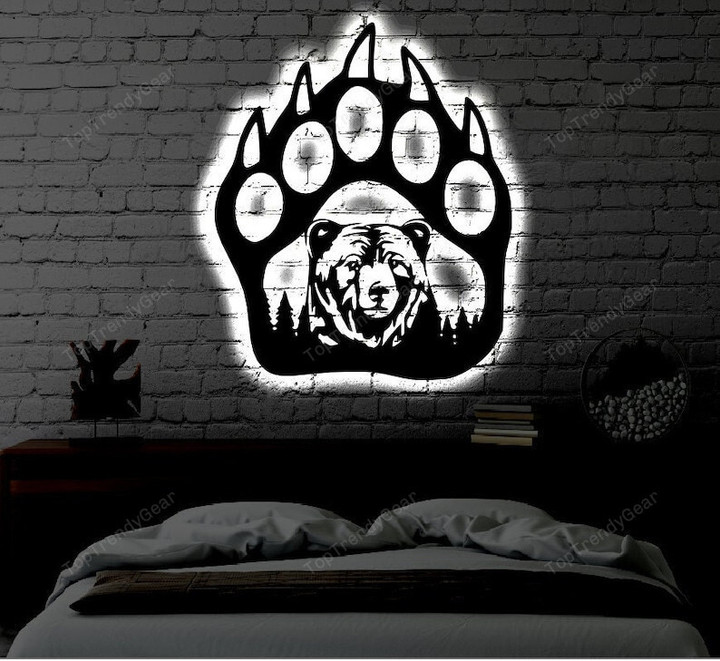 Bear Paw LED Metal Art Sign Light up Bear Metal Sign Multi Colors Bear Paw Sign Metal Bear Home Decor LED Wall Art Gift