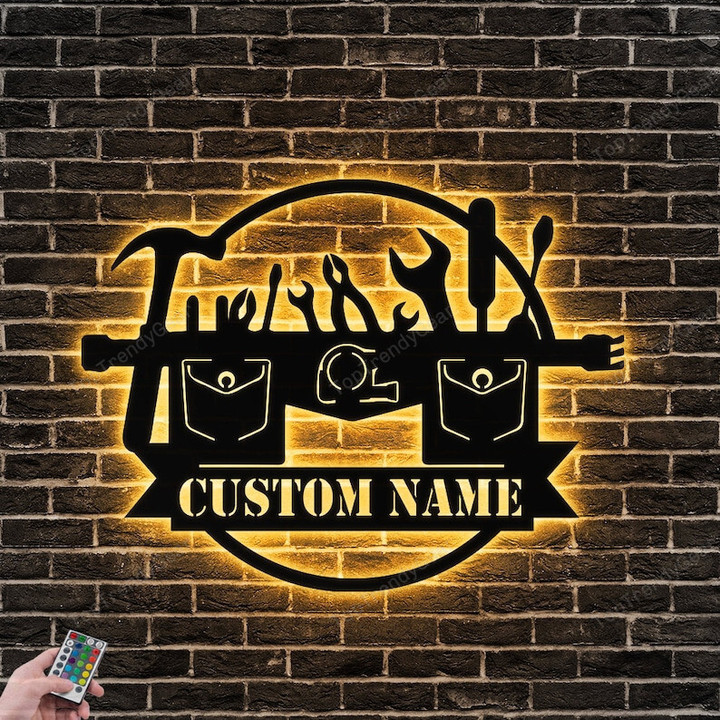 Custom Carpenter Metal Wall Art Personalized Builder Sign With Led Lights Workshop Metal Sign For Man Cave
