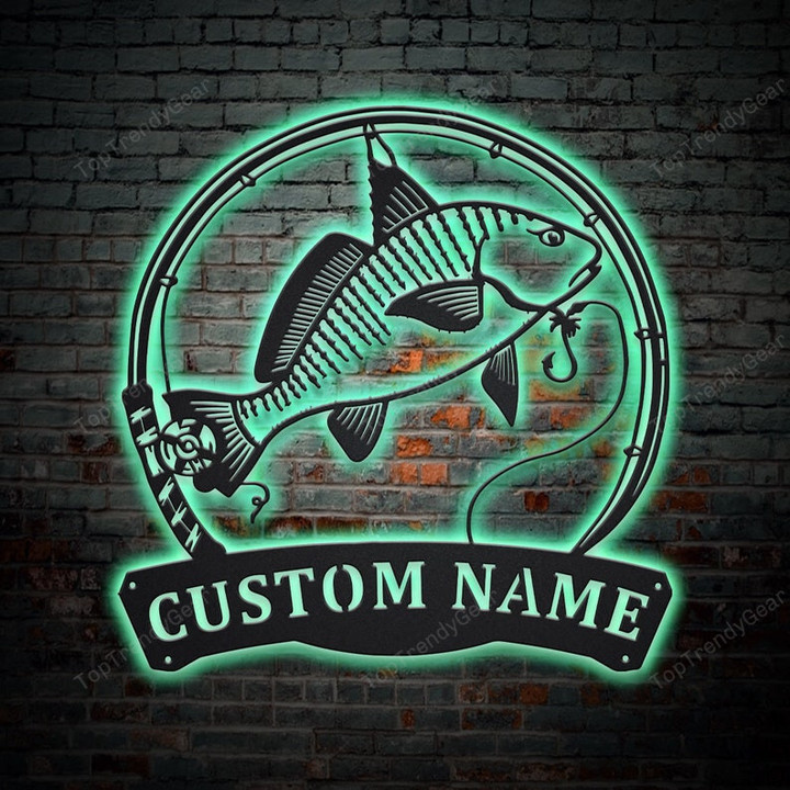 Personalized Atlantic Croaker Fish Pole Monogram Metal Sign With LED Lights Custom Atlantic Croaker Fish Metal Sign Hobbie Gifts