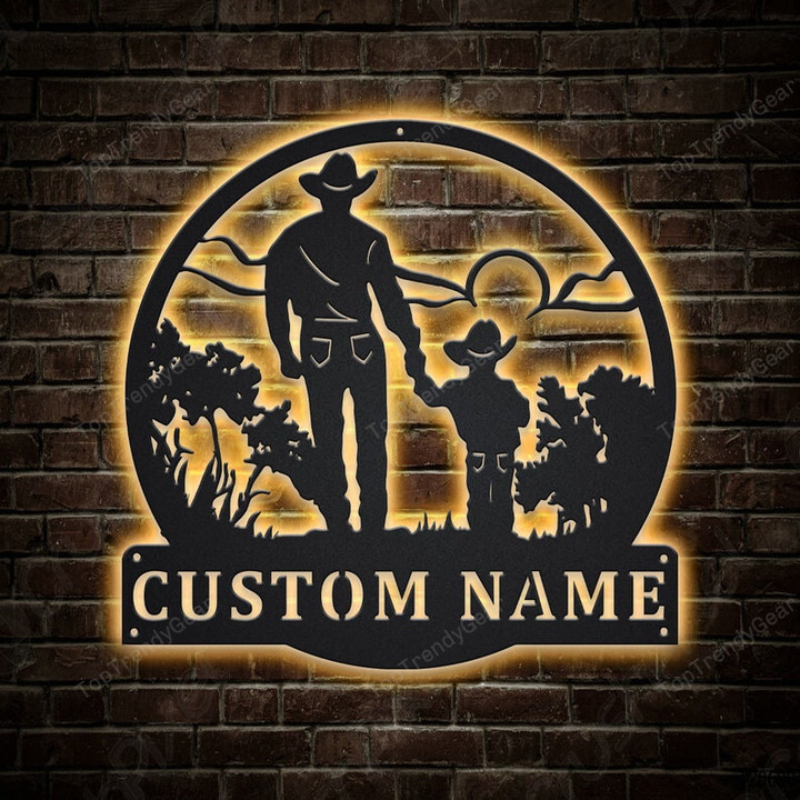 Personalized Cowboy And Son Metal Sign With LED Lights v2 Custom Cowboy And Son Metal Sign Birthday Gift Father's Day Gift
