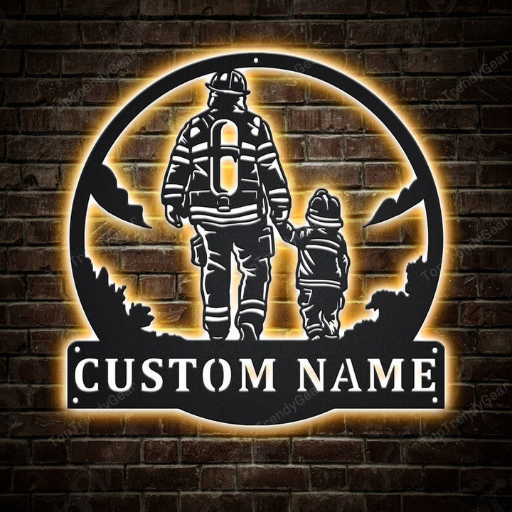Personalized Firefighter Father And Son Monogram Metal Sign With LED Lights Custom Firefighter Metal Sign Birthday Gift Job Gift