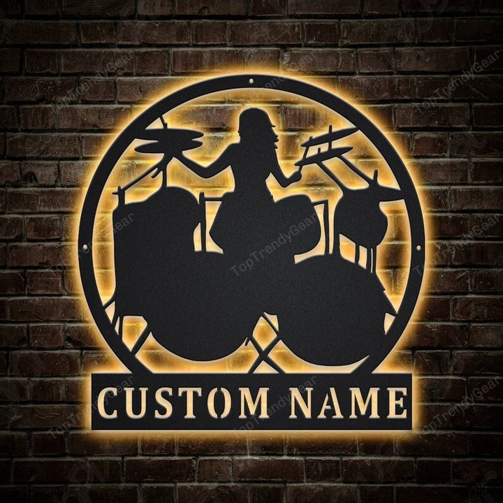 Personalized Drummer Female Metal Sign With LED Lights Custom Drummer Female Sign Birthday Gift Drummer Sign