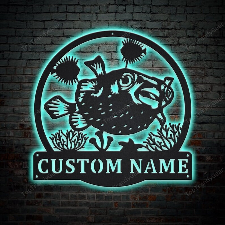 Personalized Porcupinefish Metal Sign With LED Lights Custom Porcupinefish Metal Sign Fishing Gifts