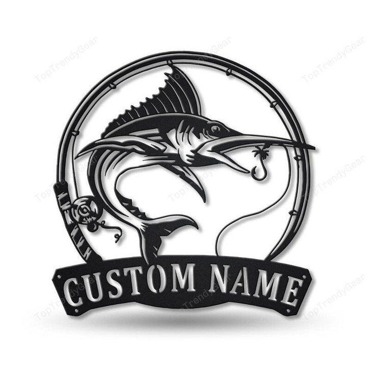 Personalized Marlin Fishing Fish Pole Metal Sign Art Custom Marlin Fishing Metal Sign Marlin Fishing Gifts for Men Marlin Fishing Gift