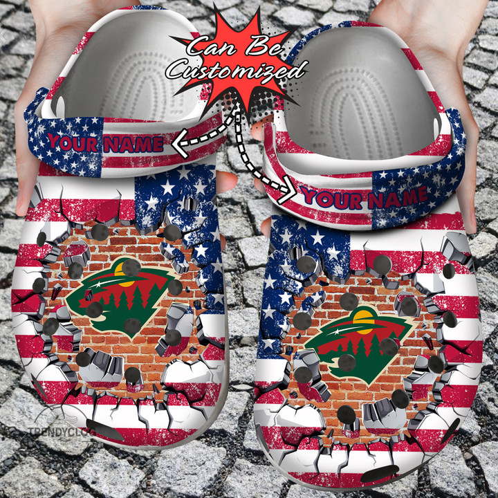 Hockey Crocs Personalized MWild American Flag Breaking Wall Clog Shoes