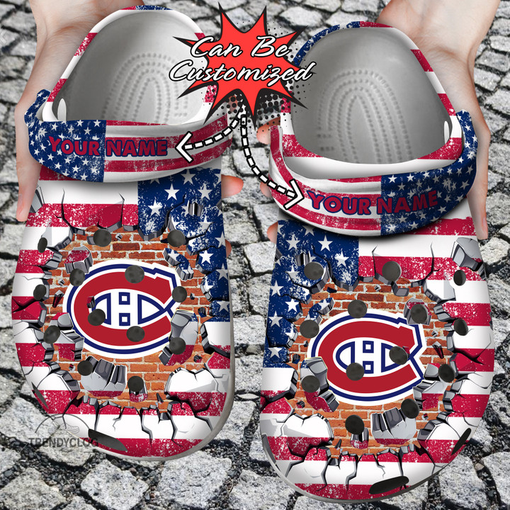 Hockey Crocs Personalized MCanadiens American Flag Breaking Wall Clog Shoes