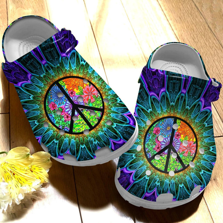 Peace Trippy Hippie Flower Purple Crocs Shoes Clogs - Hippie Flower Violet Beach Crocs Shoes - Gigosmart