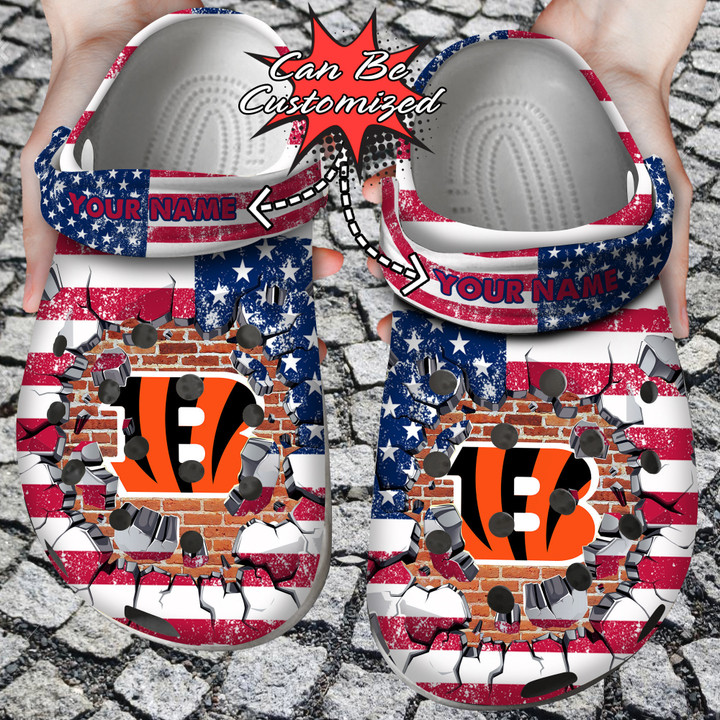 Football Crocs Personalized CBengals American Flag Breaking Wall Clog Shoes