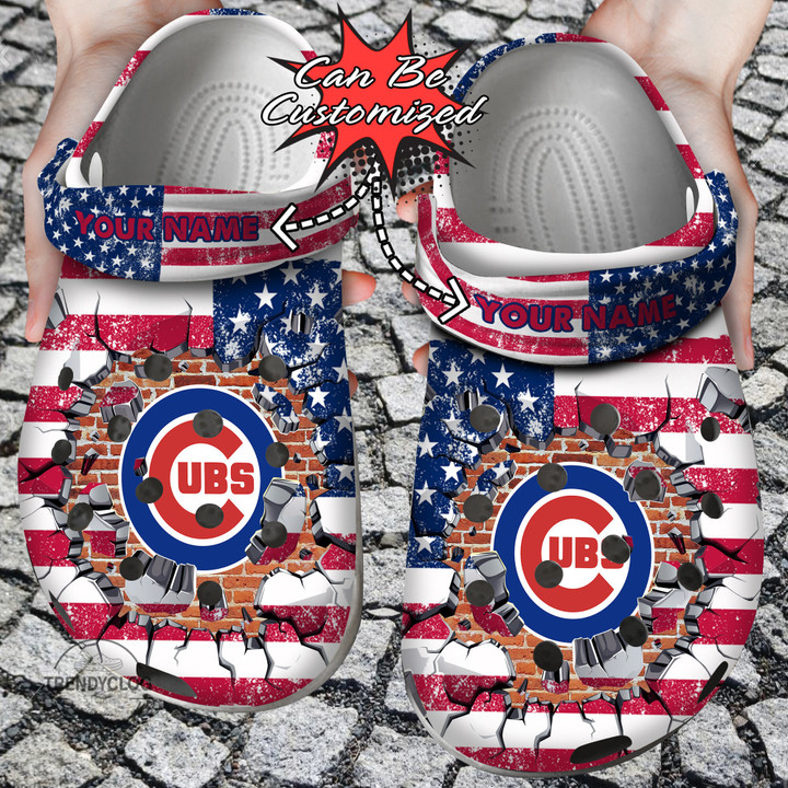 Baseball Crocs Personalized CCubs American Flag Breaking Wall Clog Shoes