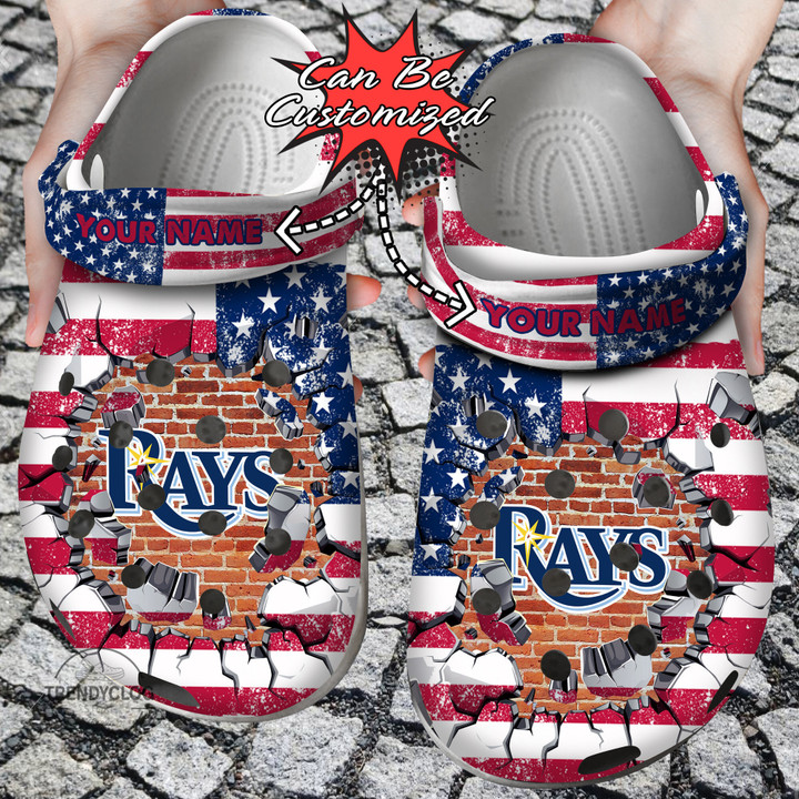 Baseball Crocs Personalized TB Rays American Flag Breaking Wall Clog Shoes
