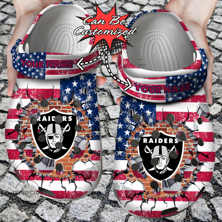 Football Crocs Personalized LV Raiders American Flag Breaking Wall Clog Shoes