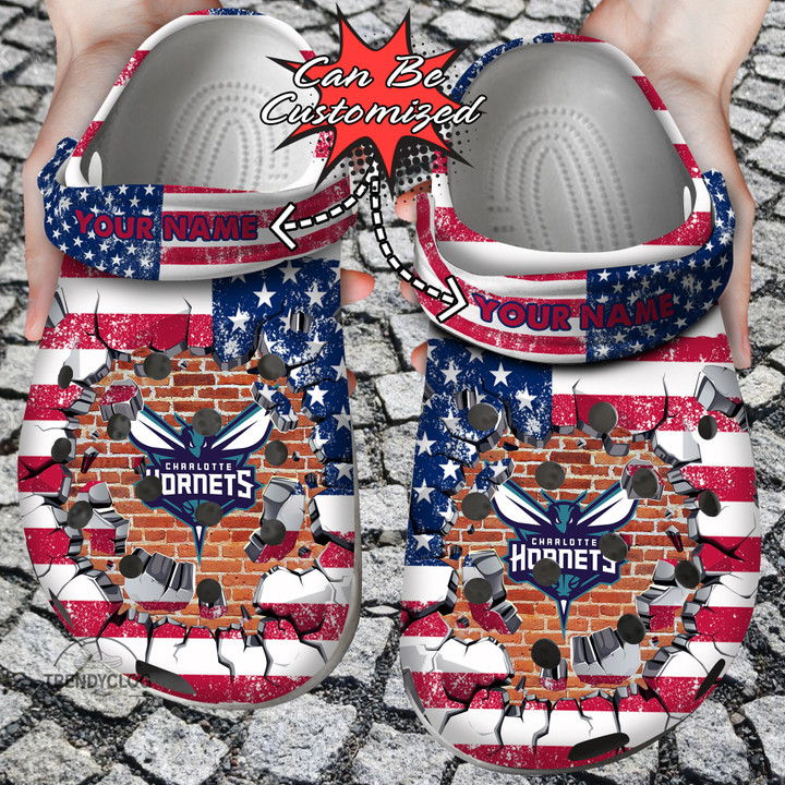 Basketball Crocs Personalized CHornets American Flag Breaking Wall Clog Shoes